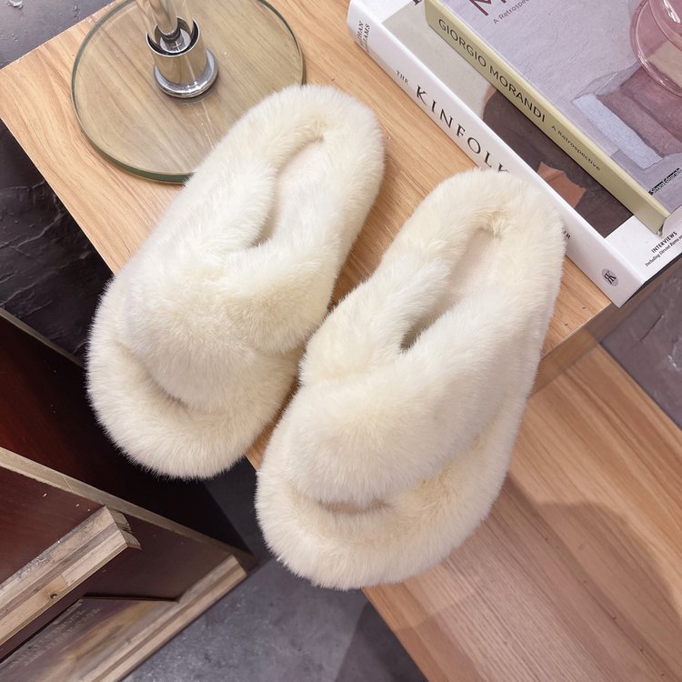 Foreign Trade Furry Slippers for Women 2025 Autumn and Winter New Korean Style Lazy Outer Wear Cross Thick-Soled Open-Toe Slippers for Outer Wear