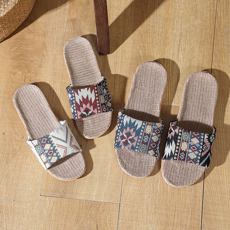 Four Seasons Home Linen Slippers Fashion Printed Thick Sole Non-Slip Sweat-Absorbent Wear-Resistant Large Sole Couple Linen Slippers Ethnic Style