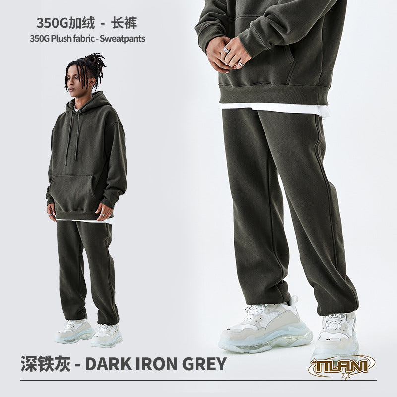 Tilani Men's Clothing European and American Trendy Brand High Quality 350g Fleece-Lined Thick Men's and Women's Hooded Sweatshirt and Sweatpants Pure Color Suit