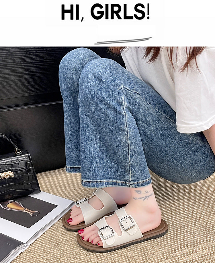 Cross-Border Slippers for Women Summer Flat-Soled Double-Strap Double-Buckle Slippers Southeast Asia New Foreign Trade Fashion Outer Wear Beach Sandals