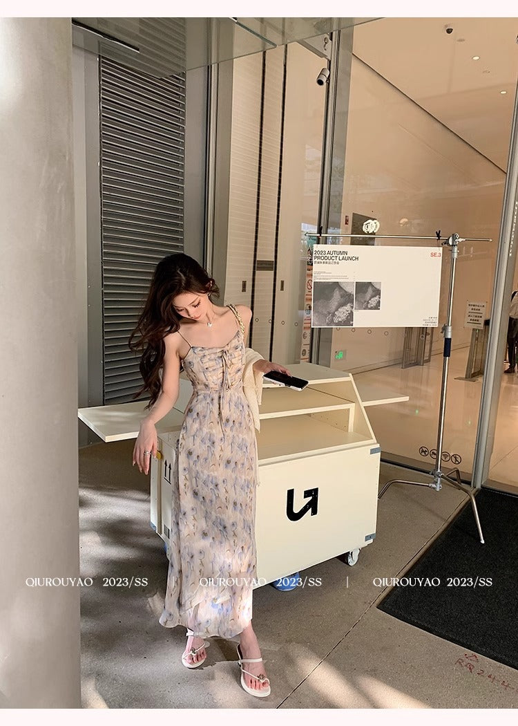 French Style Waisted Gentle Floral dress Women's Seaside Beach Vacation Fairy dress Elegant Pure Slip Dress