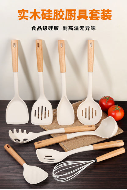 Wooden Handle Silicone Kitchen Utensil Set, Non-Stick Pan, Silicone Spatula, Soup Spoon, High Temperature Resistant Silicone Cooking Spatula, Daily Kitchen Utensils