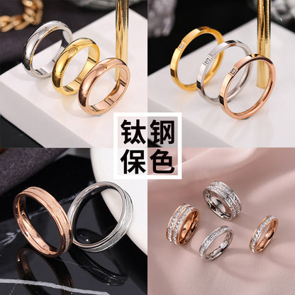 European and American Hot Titanium Steel Full Diamond Zircon Ring 18k Rose Gold Index Finger Couple Ring Ins Simple Trendy Jewelry for Women