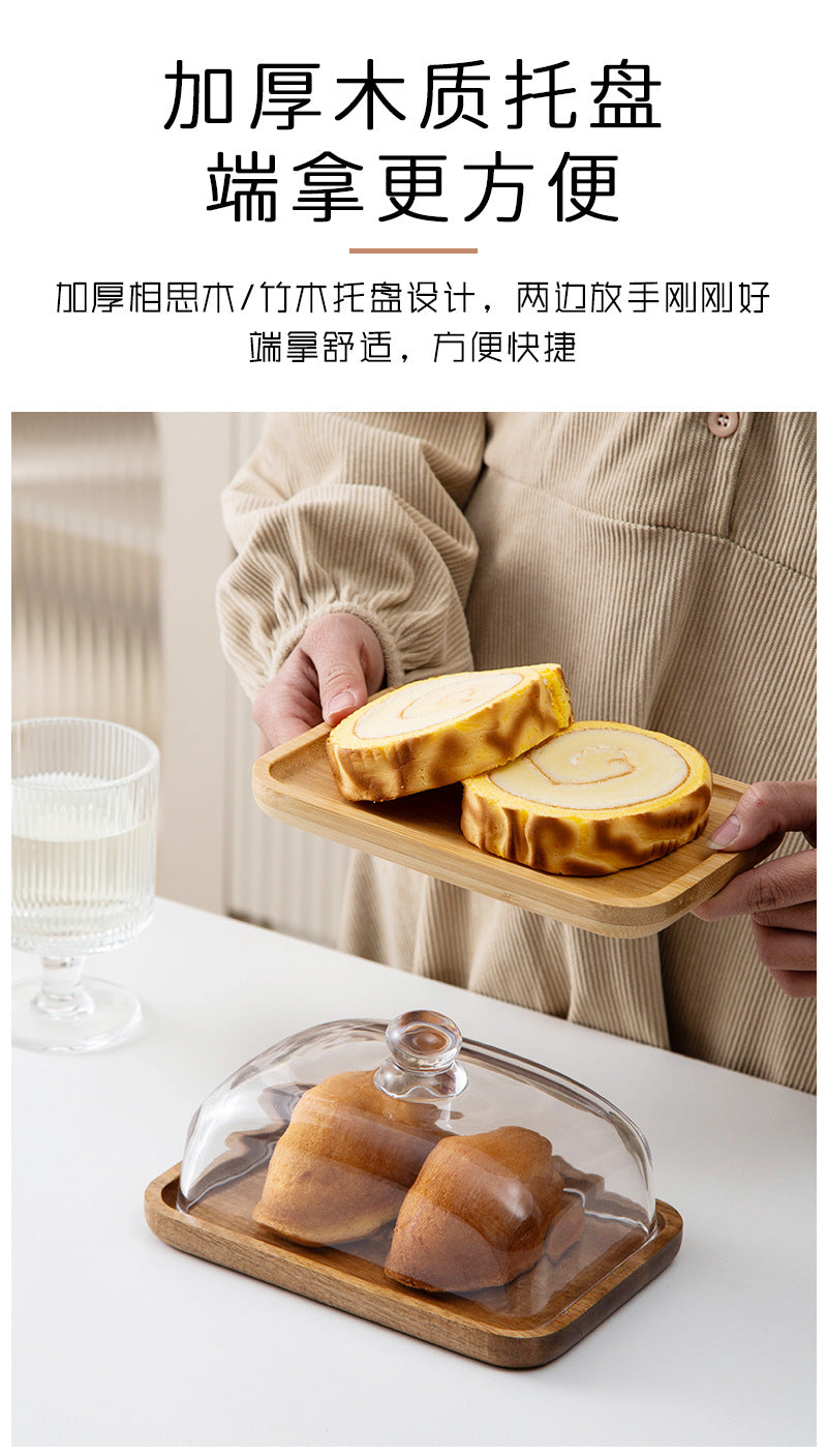 Bamboo and Wood Cake Plate Transparent Glass Display Dinner Plate Dessert Cake Western Food Plate with Table Cream Plate Cross-border Foreign Trade