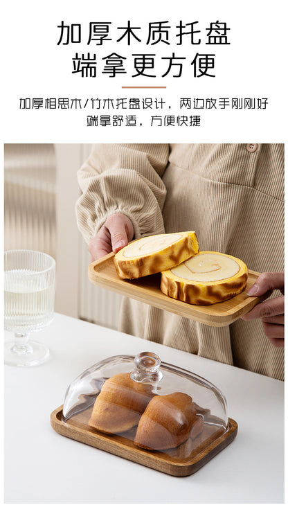 Bamboo and Wood Cake Plate Transparent Glass Display Dinner Plate Dessert Cake Western Food Plate with Table Cream Plate Cross-border Foreign Trade