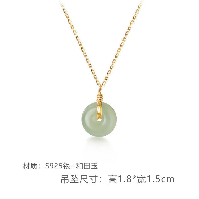 S925 Sterling Silver Clavicle Necklace Women's New Chinoiserie Natural Hetian Jade Safety Buckle Pendant Retro Accessible Luxury Simple Accessories