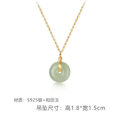 S925 Sterling Silver Clavicle Necklace Women's New Chinoiserie Natural Hetian Jade Safety Buckle Pendant Retro Accessible Luxury Simple Accessories