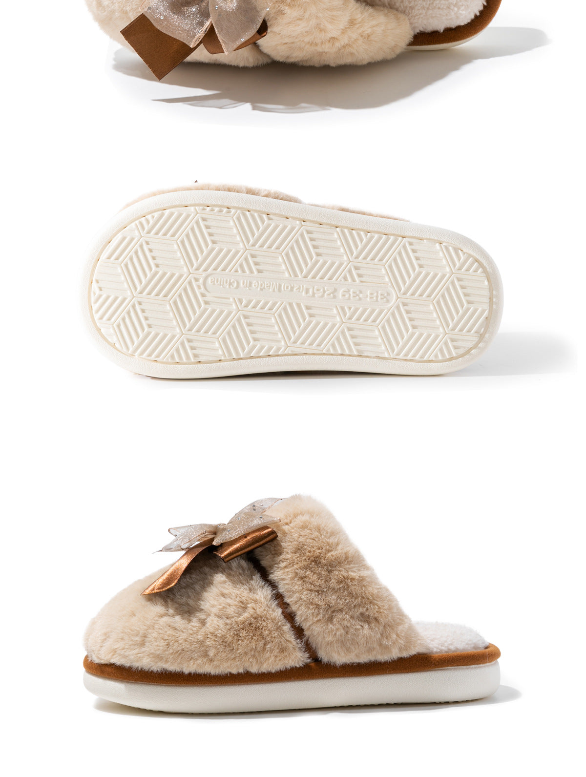 Bow Plush Cotton Slippers for Women Autumn and Winter 2025 New Warm Indoor Home Soft Sole Anti-Slip Confinement Slippers