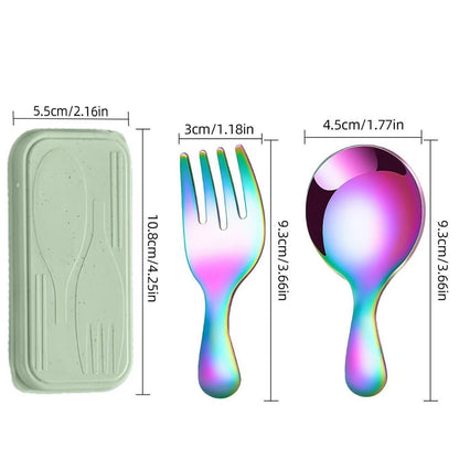 Stainless Steel Portable Spoon and Fork Set Children's Rice Spoon Dessert Spoon Fruit Fork Short Handle Fork Spoon Mini Tableware
