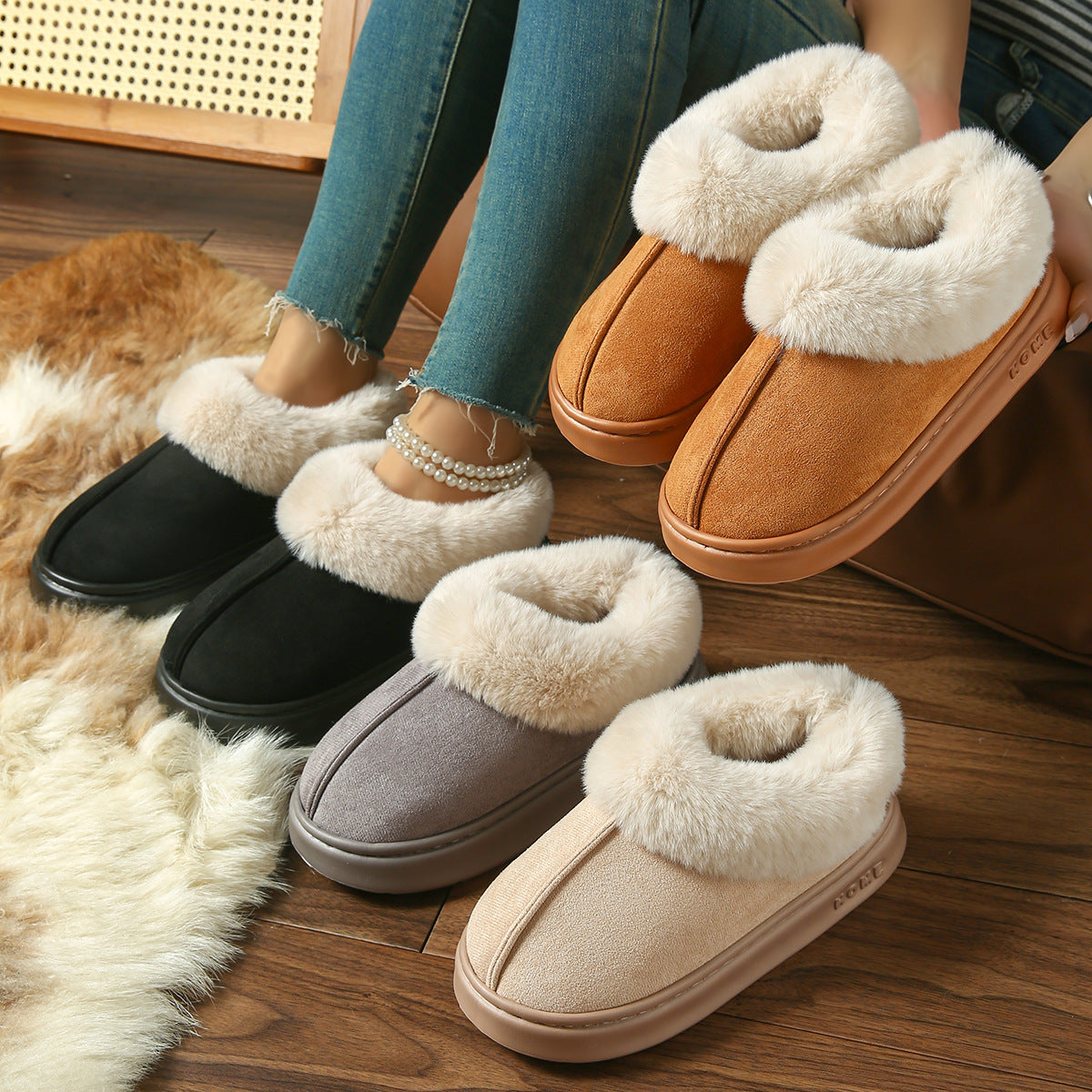 2025 Cross-Border New Pure Color Suede Splicing Home Slippers Thick-Soled Non-Slip Plush Warm Couple Cotton Shoes for Women