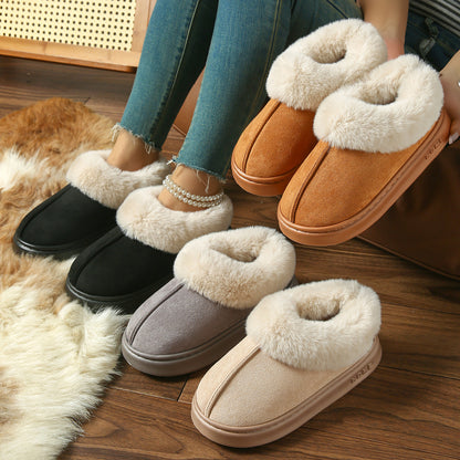 2025 Cross-Border New Pure Color Suede Splicing Home Slippers Thick-Soled Non-Slip Plush Warm Couple Cotton Shoes for Women