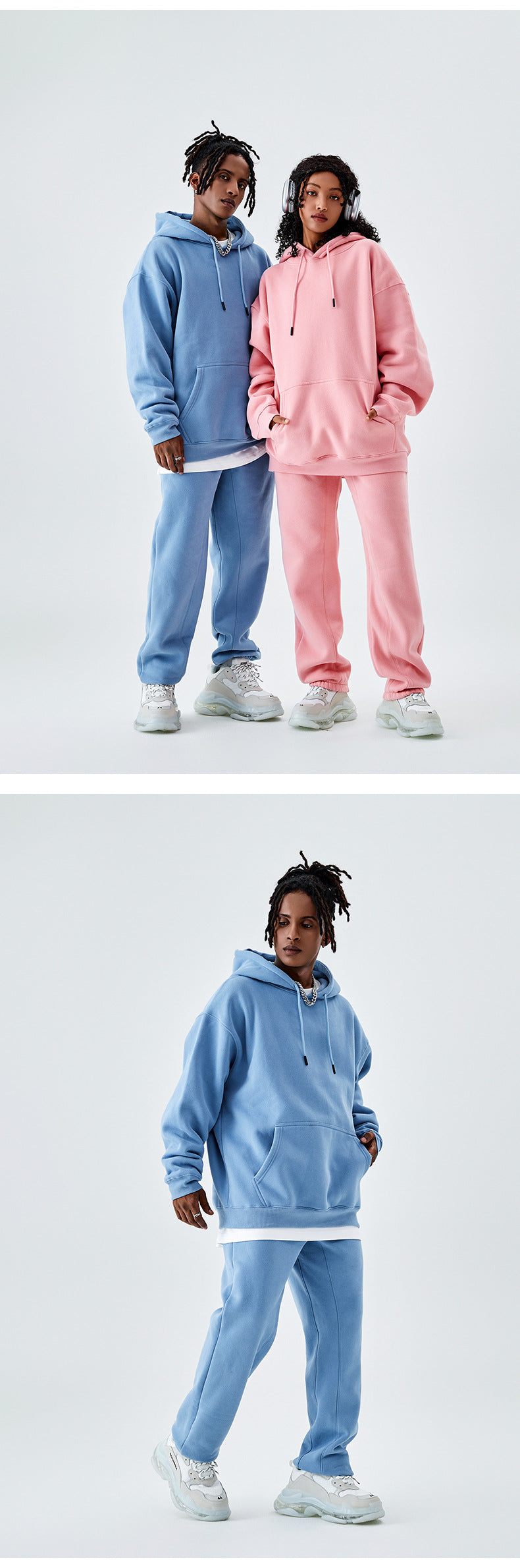Tilani Men's Clothing European and American Trendy Brand High Quality 350g Fleece-Lined Thick Men's and Women's Hooded Sweatshirt and Sweatpants Pure Color Suit