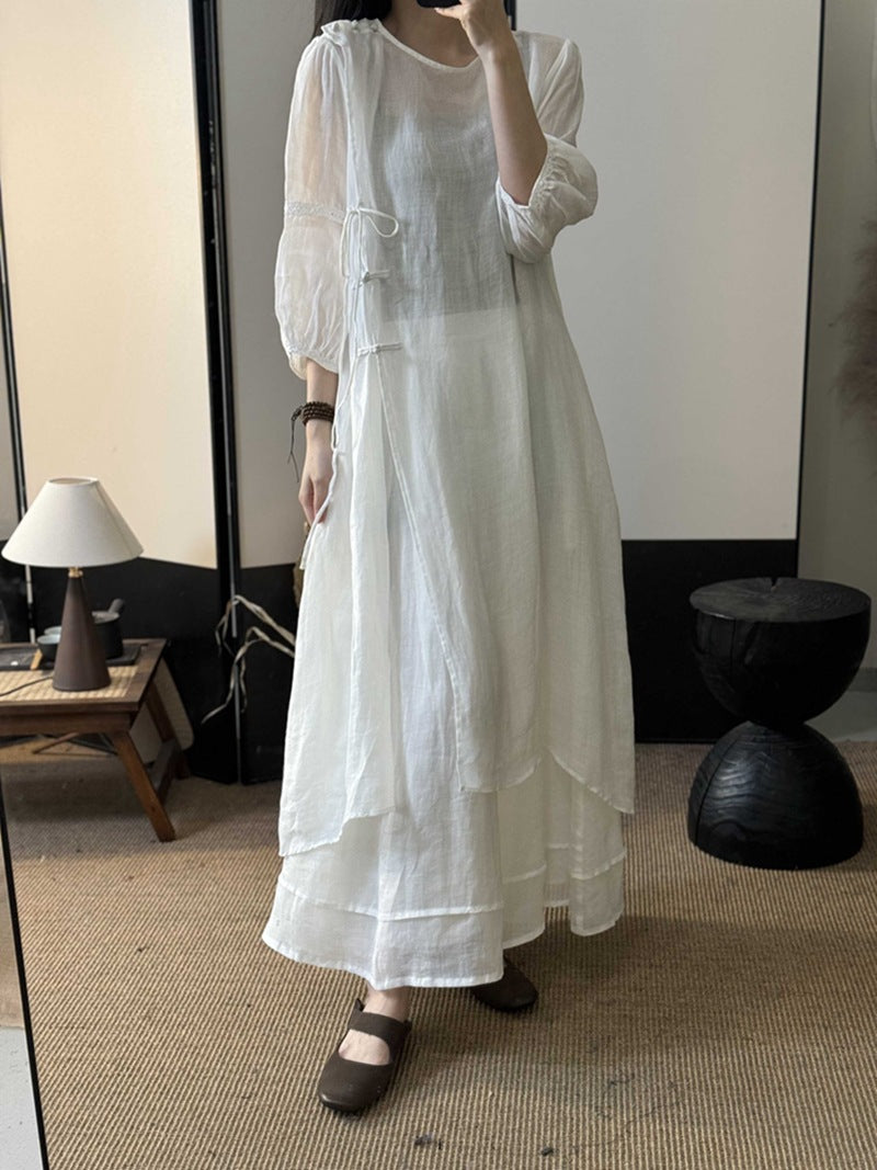 Summer New Style Quality Ramie Handmade Buckle Lace Lace Guofeng dress Double-Layer Skirt suit