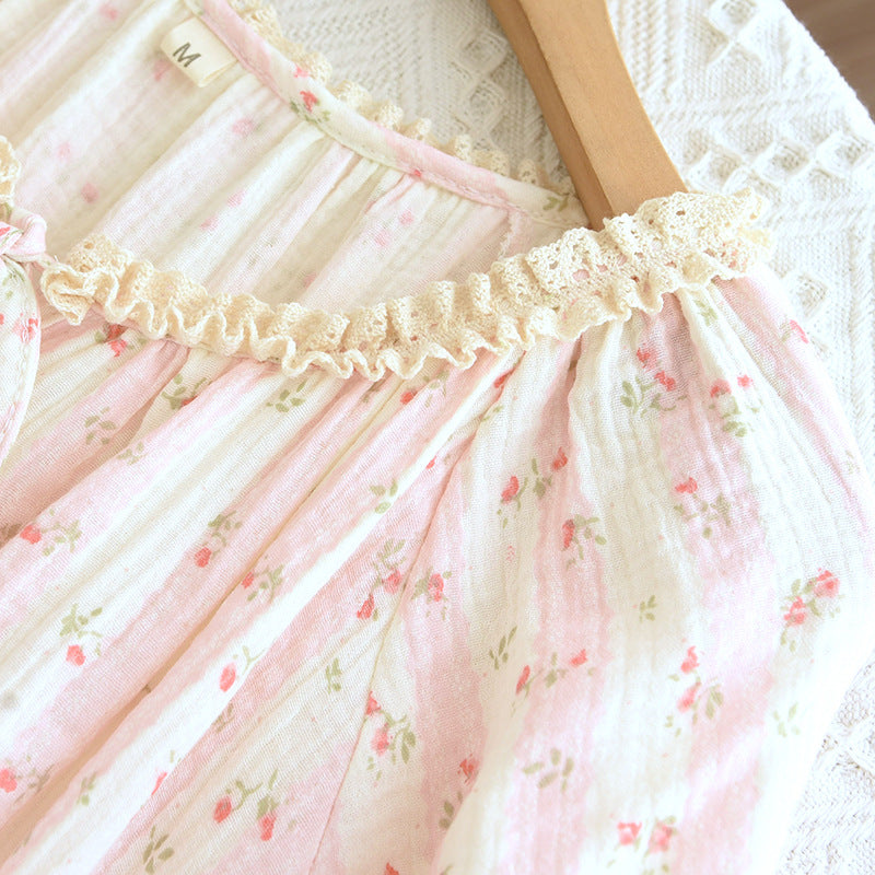 Spring and Summer Long Sleeve Round Neck Lace Sweet Long Dress Women's Thin Cotton Loose Outer Wear Small Floral Home Dress