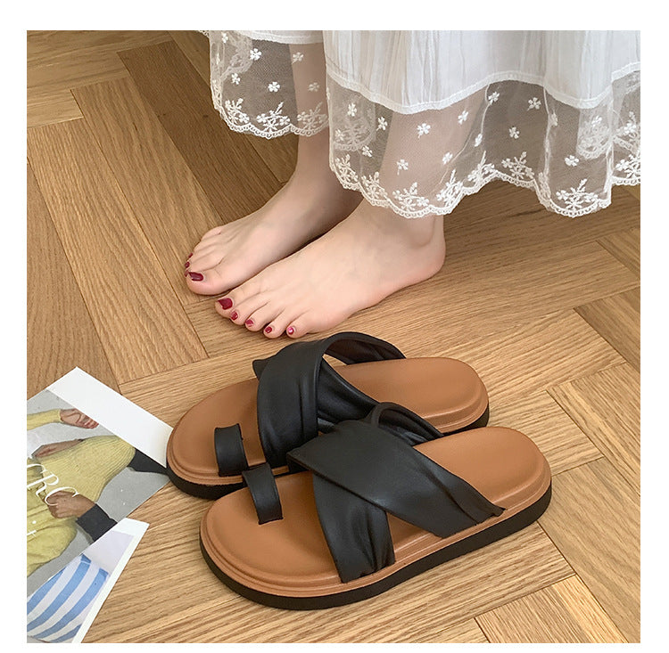 Thick-bottom Slippers Women's 2025 Summer New Beach Outer Wear Cross-belt Cross-border Foreign Trade Flat Beach Sandals