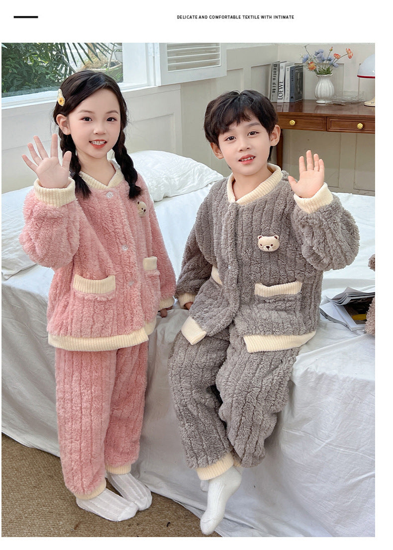 Boys and Girls Pajamas Cotton Velvet Home Clothes Autumn and Winter Children's Winter Pajamas Western Style Thickened Pajamas