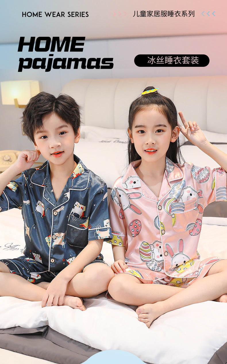 Children's Home Suit Summer Thin Boys and Girls Short-sleeved Cropped Pants Air-conditioning Suit 3-8 Children's Pajamas