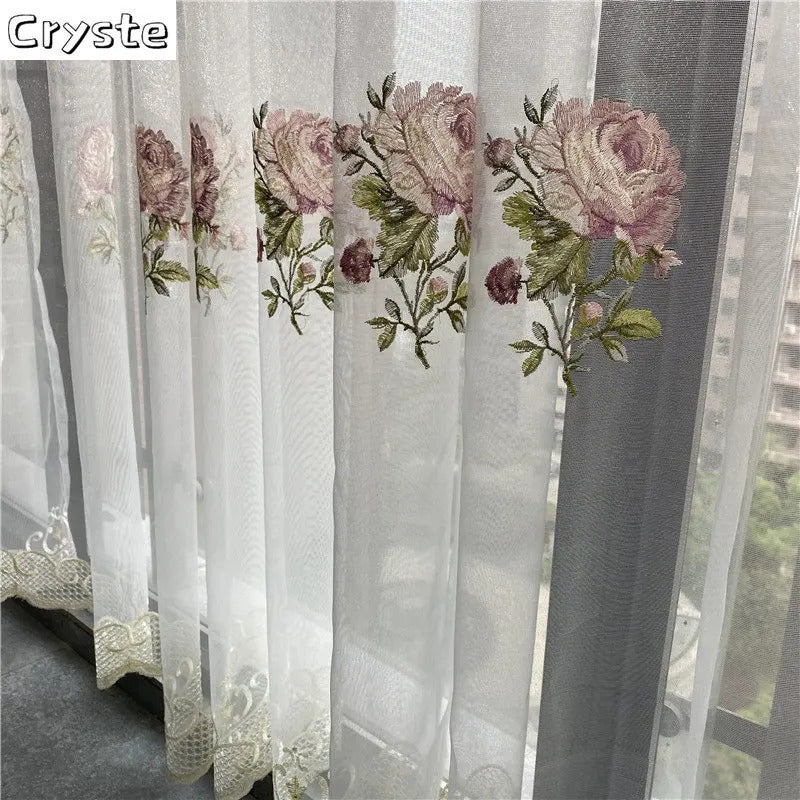 American Luxury Peony Embroidery Tulle Curtains for Living Room European Elegant Flower Embroidered Sheer Voile Bedroom Window