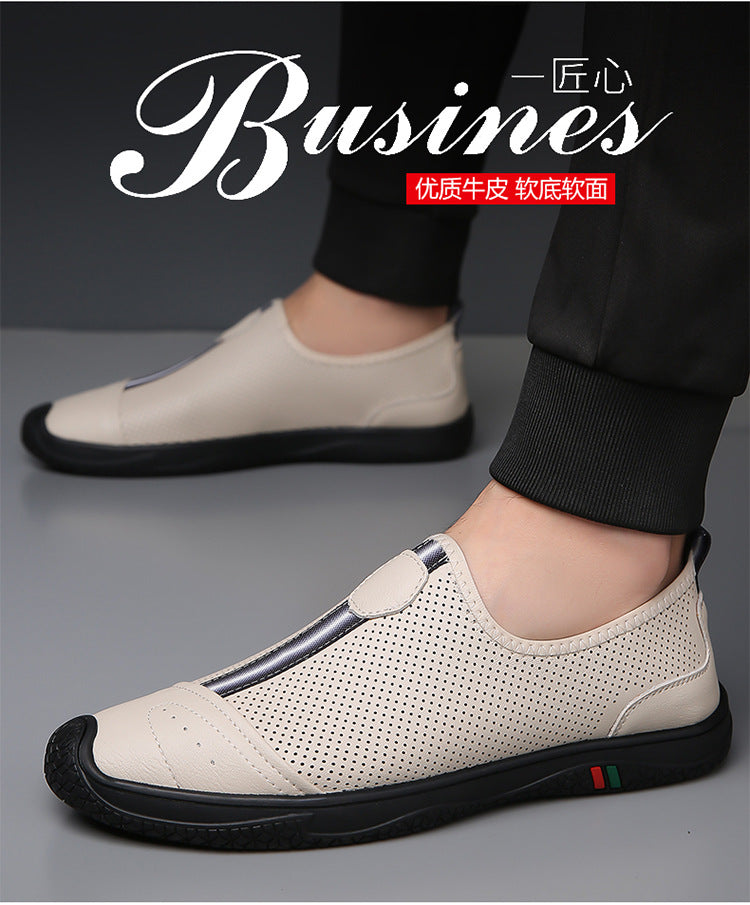Doug Shoes Men's 2024 New Spring Lazy Slip-on Loafers Soft Bottom Driving Shoes Men's Hollow Leather Shoes