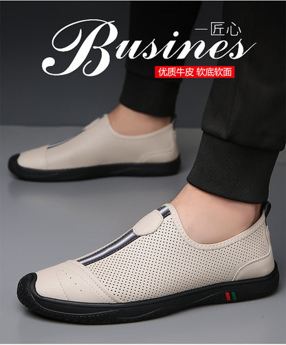 Doug Shoes Men's 2024 New Spring Lazy Slip-on Loafers Soft Bottom Driving Shoes Men's Hollow Leather Shoes
