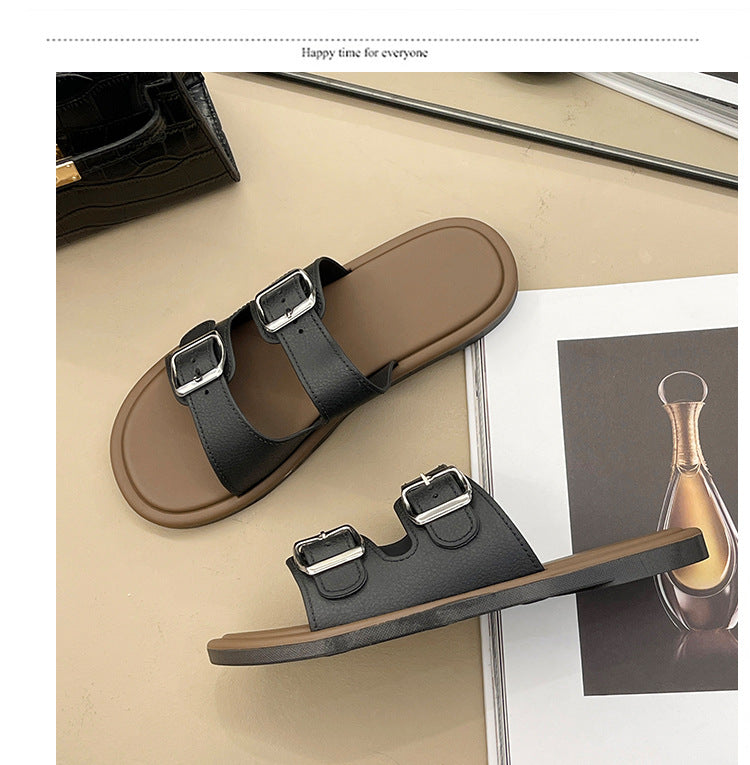 Cross-Border Slippers for Women Summer Flat-Soled Double-Strap Double-Buckle Slippers Southeast Asia New Foreign Trade Fashion Outer Wear Beach Sandals