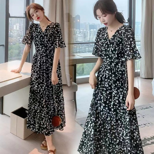 2024 Summer dress Summer plus size Women's New Loose Slimming Belly Covering Plus Weight Plus Chiffon Long Dress All-match by PDG ibma