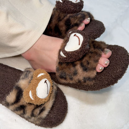 2025 Autumn and Winter New Leopard Print Warm Fur Slippers, One-Line Outer Wear Cotton Slippers, Home Slippers, Fashionable Outer Wear Slippers for Women