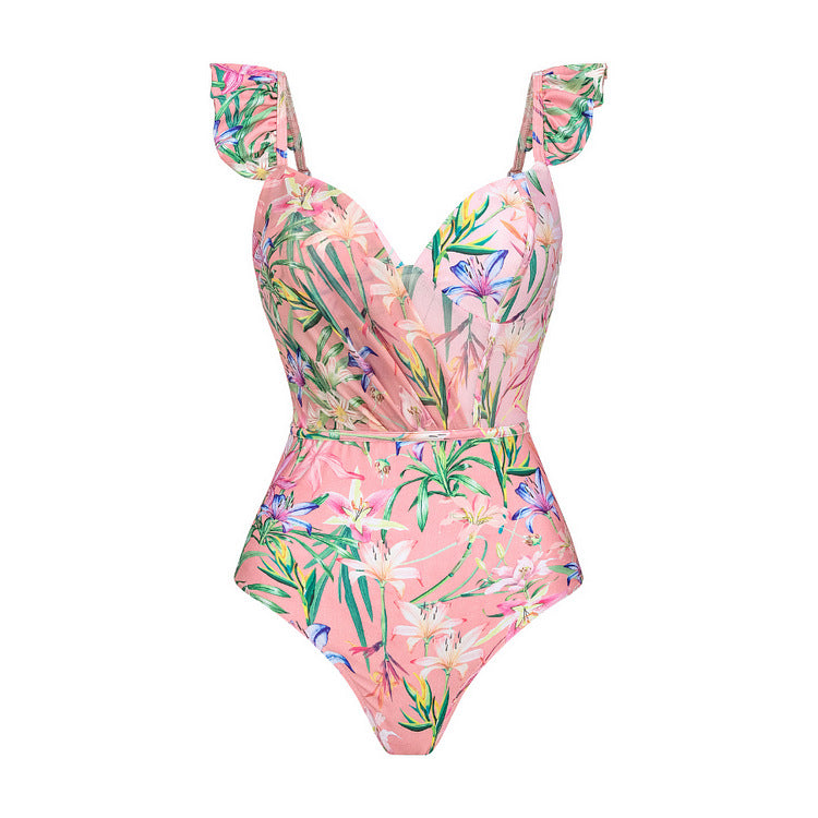 2024 Europe and America Amazon AliExpress one-piece swimsuit Mini ruffled mesh stitching printed swimsuit 2560