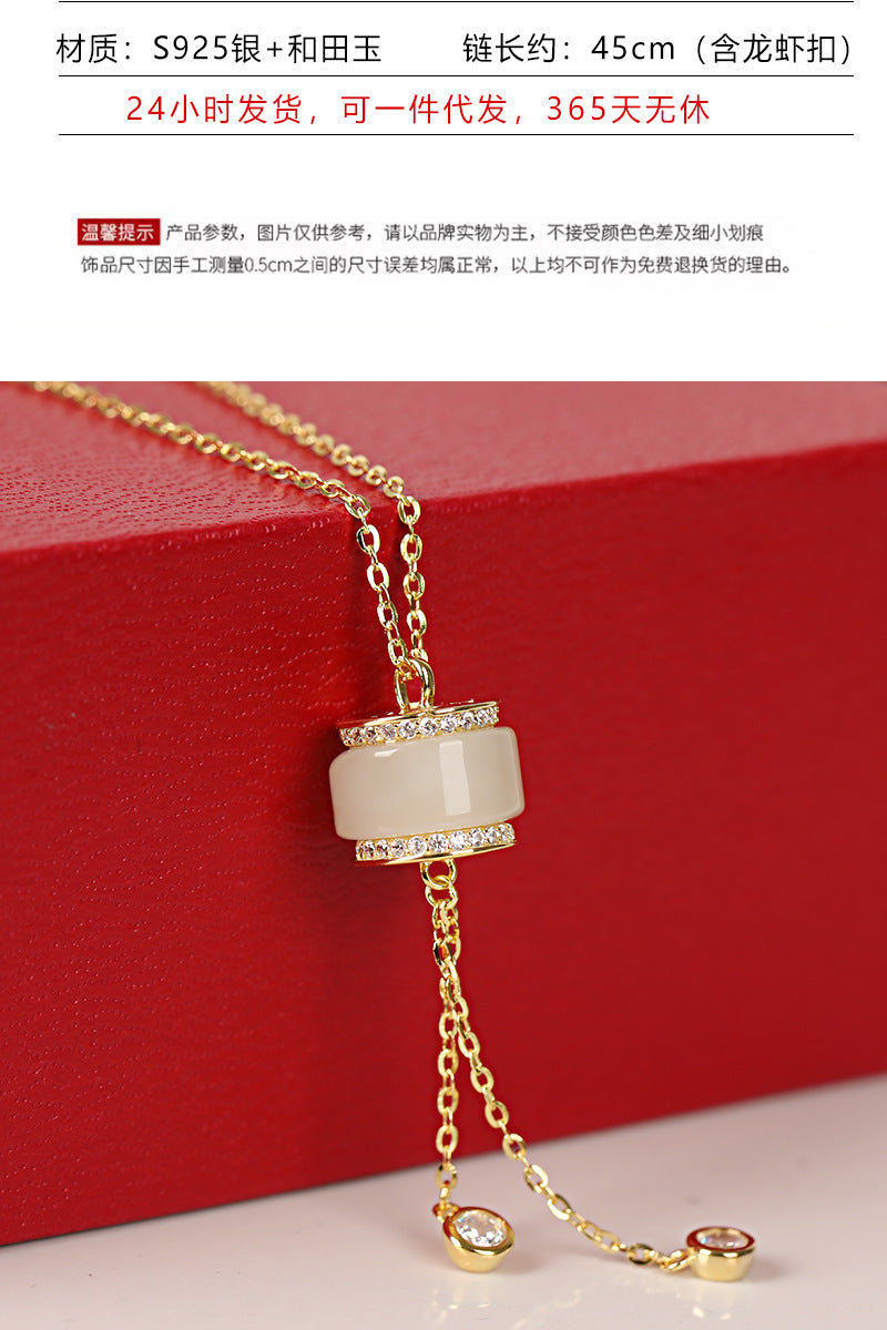 Source Factory S925 Sterling Silver Necklace Hetian Jade Passepartout Small Waist Tassel Pendant Summer Light Luxury Niche Accessories