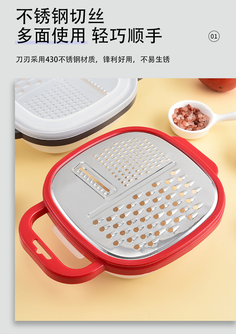 Multi-functional three-in-one stainless steel round planer with lid and bottom box melon Planer melon fruit vegetable grater radish shredder