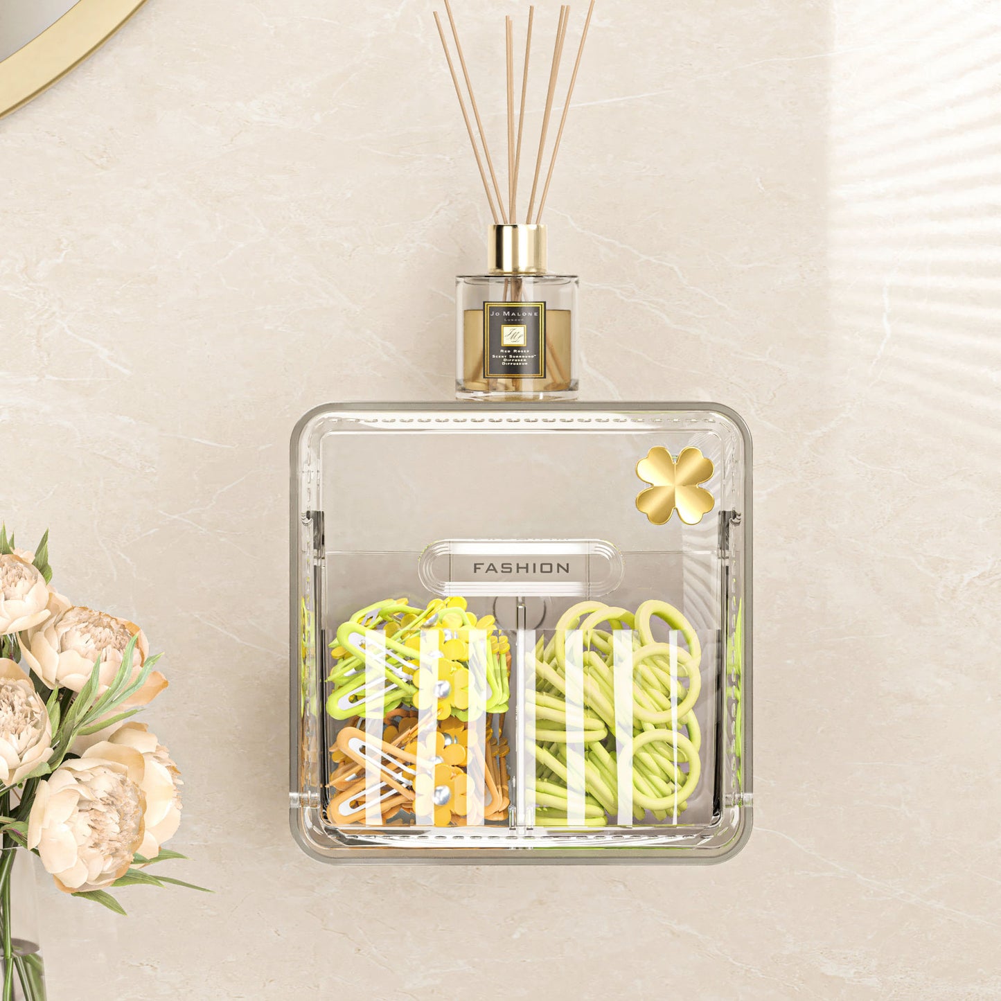 Cotton Swab Storage Box, Wall-Mounted, No-Drill, Elastic Band, Makeup Cotton, Makeup Remover Wipes Storage Box, Bathroom Hairpin Organizer Box