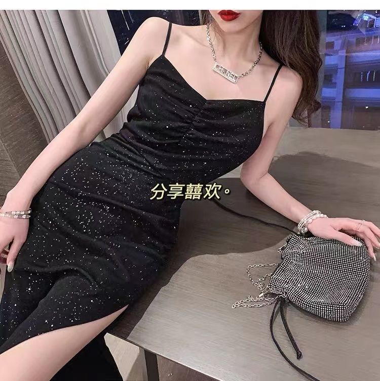 2024 Summer New Korean-style Hepburn Black Dress Mid-length Slimming Sequin Split Slim Sling Sexy dress