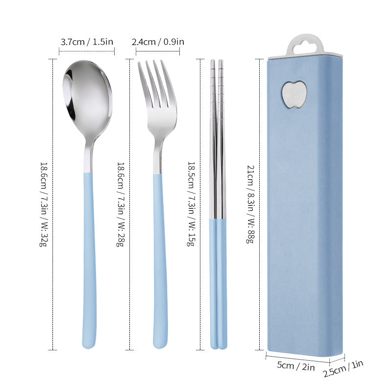 304 Stainless Steel Convenient Tableware Fork, Spoon and Chopsticks Three-Piece Set Outdoor Travel Student Storage Box Tableware Set