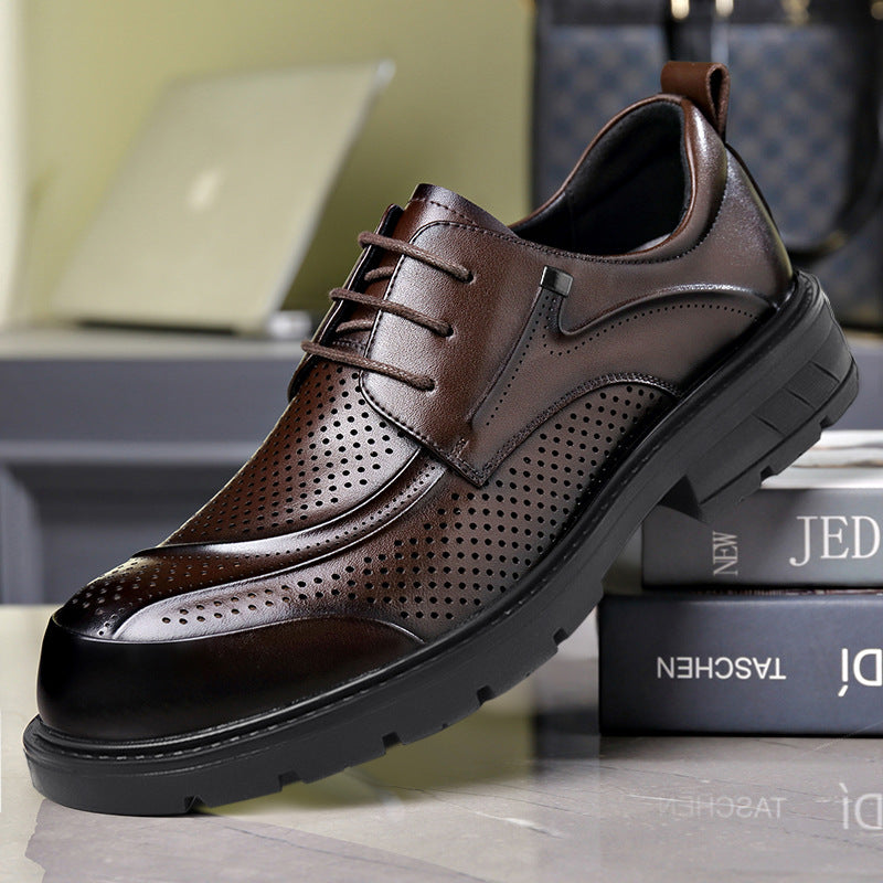 Men's Business Casual Leather Shoes with Large Toe, Thick Sole, Lace-Up, Hollow-Out Design, Fashionable British Style, Versatile Formal Men's Shoes, Breathable
