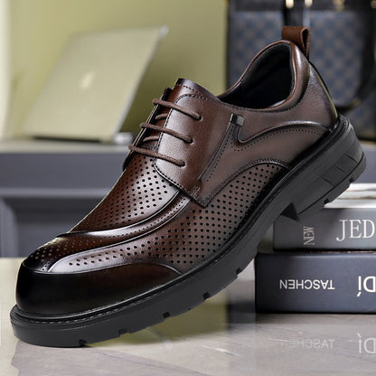 Men's Business Casual Leather Shoes with Large Toe, Thick Sole, Lace-Up, Hollow-Out Design, Fashionable British Style, Versatile Formal Men's Shoes, Breathable