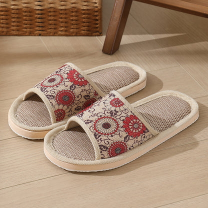 New Summer Open-Toe Home Slippers, Non-Slip, for Men and Women, Couples, Indoor, Blue and White Porcelain, Wooden Floor, Light Foam Sole, Cotton and Linen
