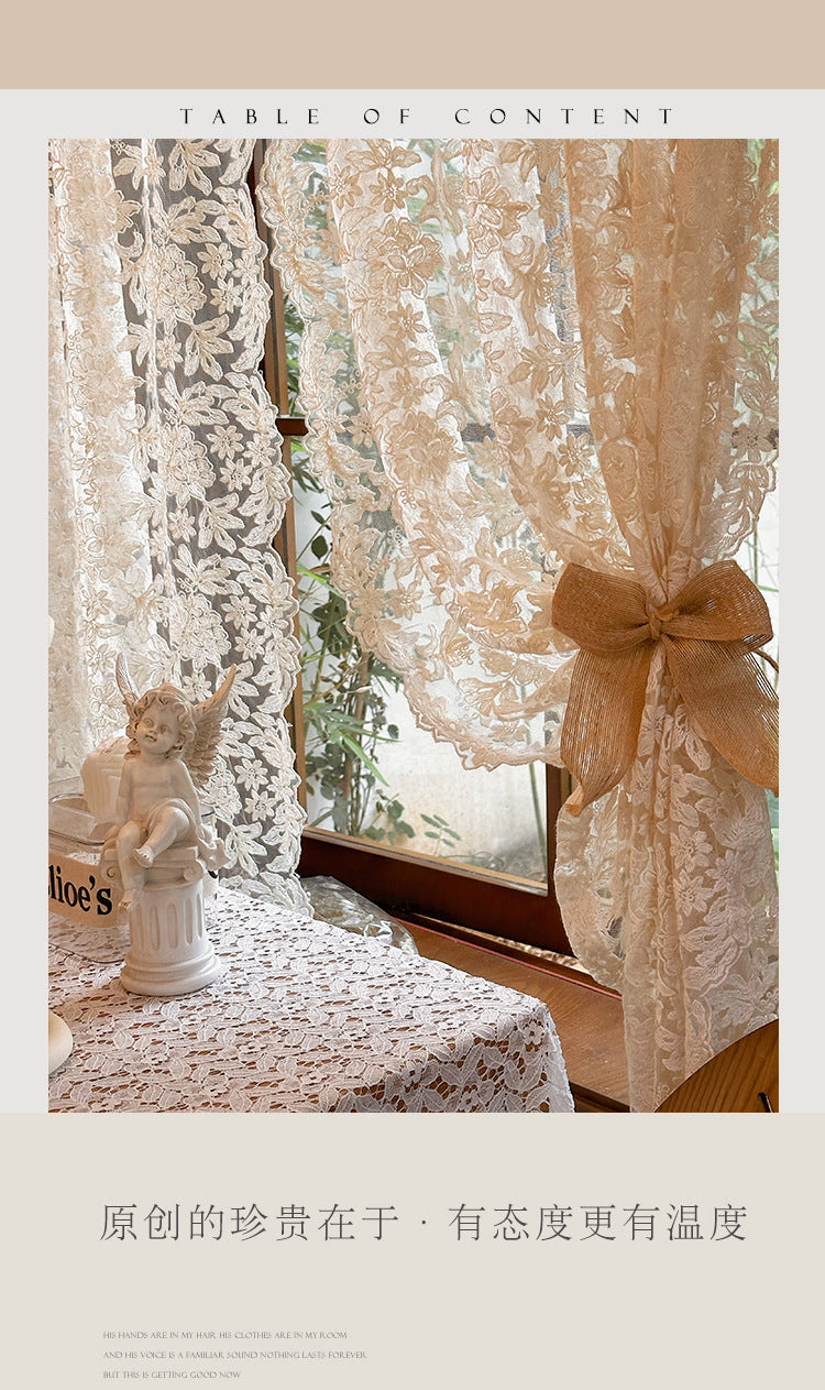French-Style Retro Palace Lace Embroidery Cream Sheer Curtain for Bay Window, Light-Transmitting, No-Drill Partition Half Curtain Door Curtain