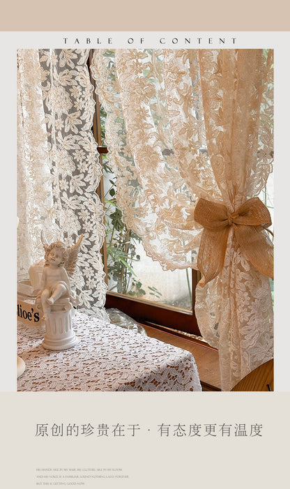 French-Style Retro Palace Lace Embroidery Cream Sheer Curtain for Bay Window, Light-Transmitting, No-Drill Partition Half Curtain Door Curtain