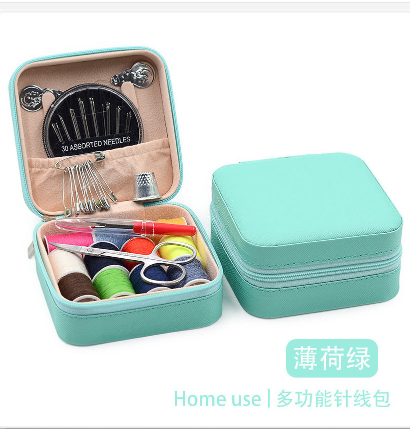 Retro Style Imitation Pu Leather Square Sewing Box Household Sewing and Mending Needle and Thread Set Portable Daily Essential Sewing Kit