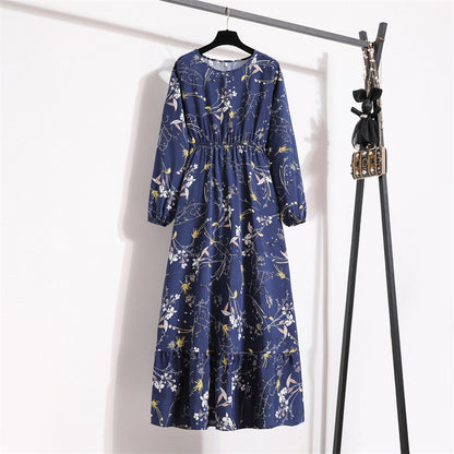 Cross-border Foreign Trade Floral Chiffon Long Dress Women's Spring Dress Long Sleeve Crewneck Base Skirt Waist Slim Long Dress