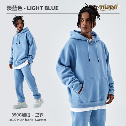 Tilani Men's Clothing European and American Trendy Brand High Quality 350g Fleece-Lined Thick Men's and Women's Hooded Sweatshirt and Sweatpants Pure Color Suit