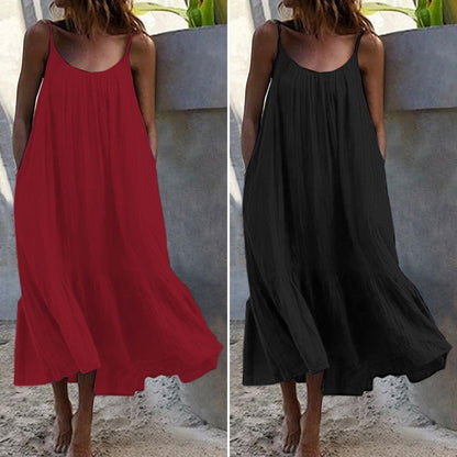 2024 Summer European and American New Ruffled Solid Color Long Dress Sleeveless Loose Thin Shoulder Strap Dress Summer dress