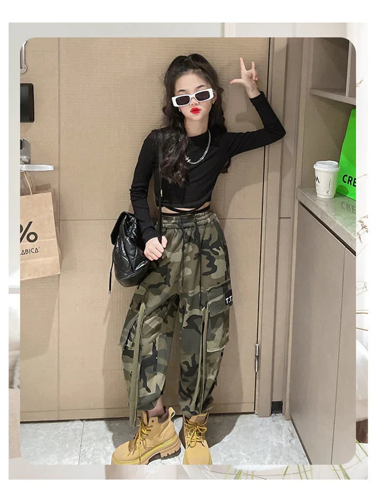 Girls Camouflage Pants Kids Fashion Casual High waisted wide leg pants 2025 Spring Fall ClothesTeen Girl Trousers 8 10 12 14Y