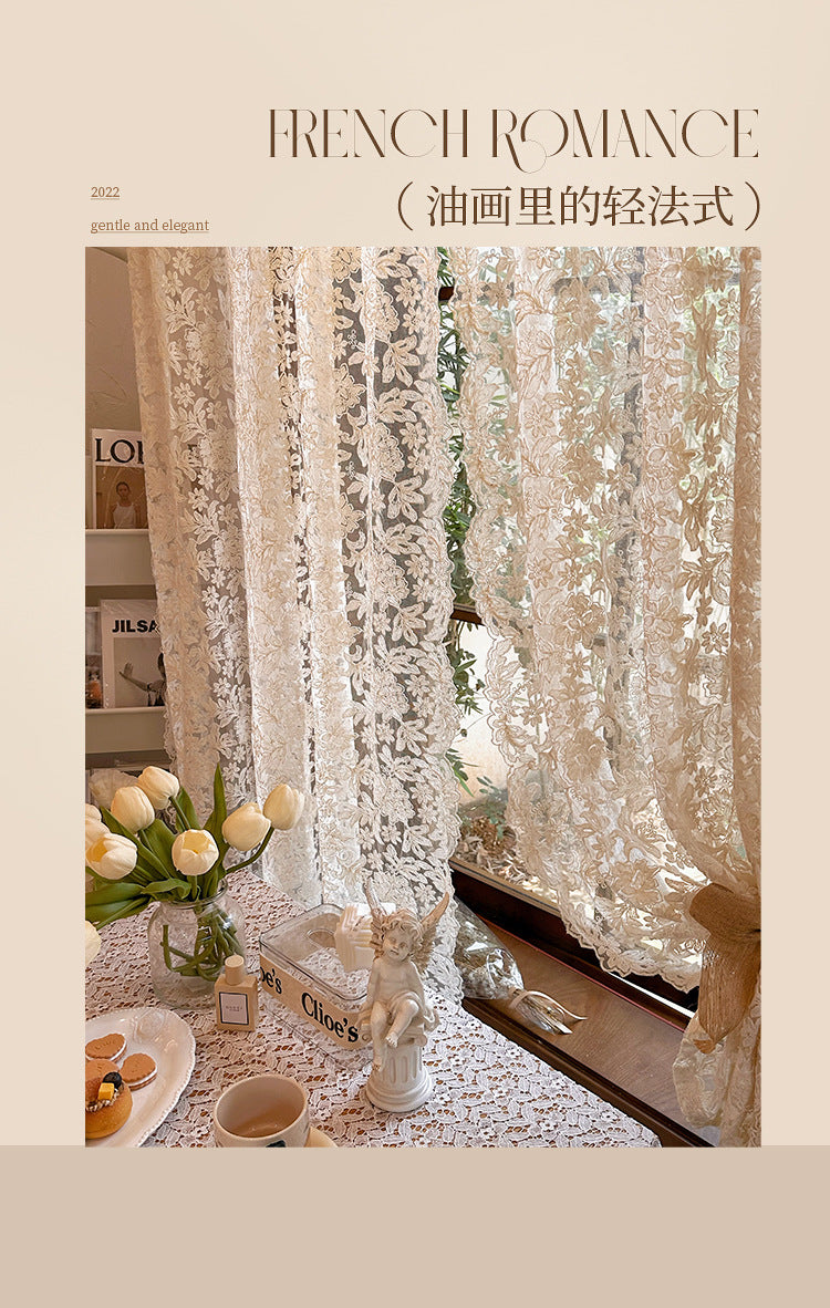 French-Style Retro Palace Lace Embroidery Cream Sheer Curtain for Bay Window, Light-Transmitting, No-Drill Partition Half Curtain Door Curtain