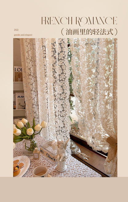 French-Style Retro Palace Lace Embroidery Cream Sheer Curtain for Bay Window, Light-Transmitting, No-Drill Partition Half Curtain Door Curtain