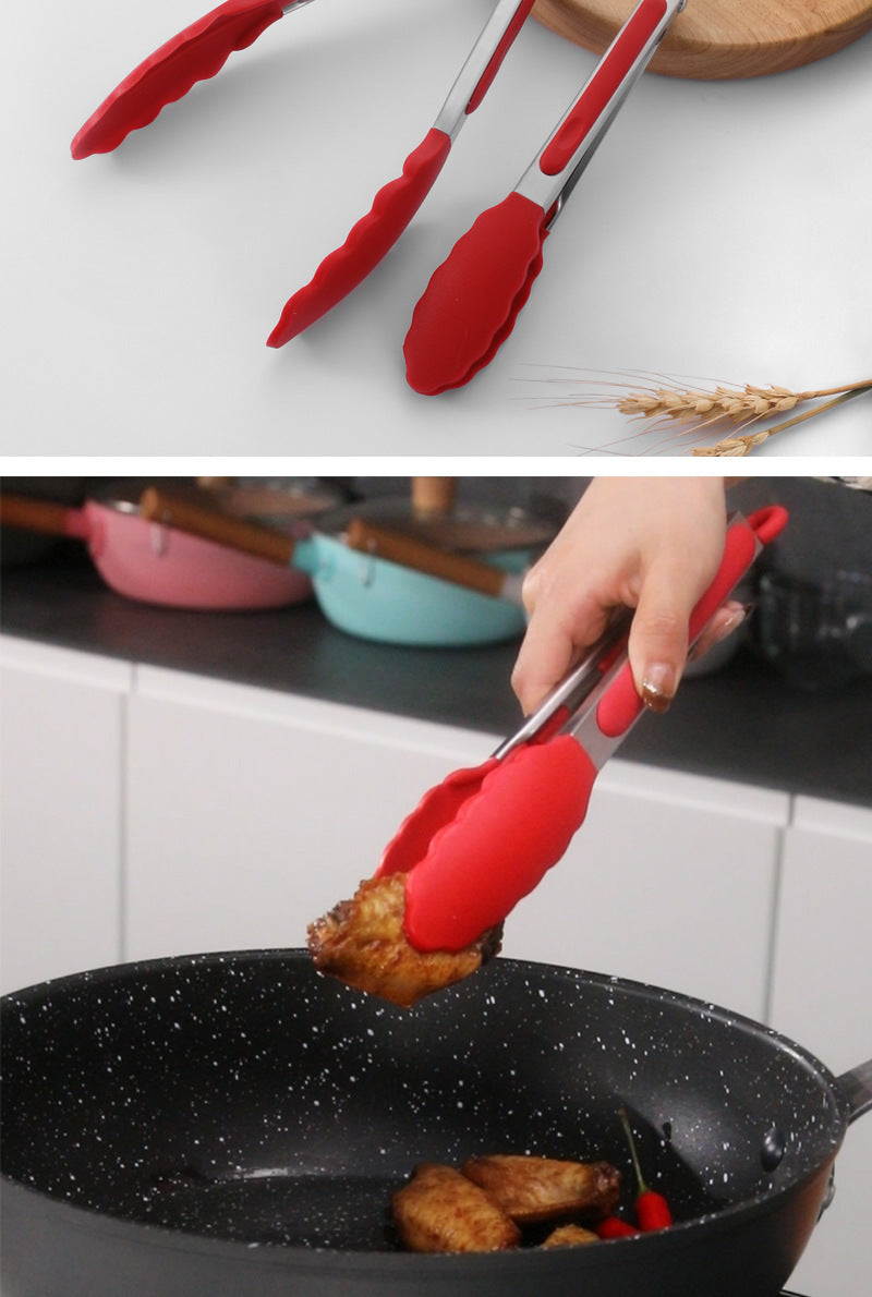 Cross-Border Black Silicone Clip High Temperature Resistant Kitchen Food Frying Stainless Steel Bread Clip Steak Clip Kitchen Food Clip