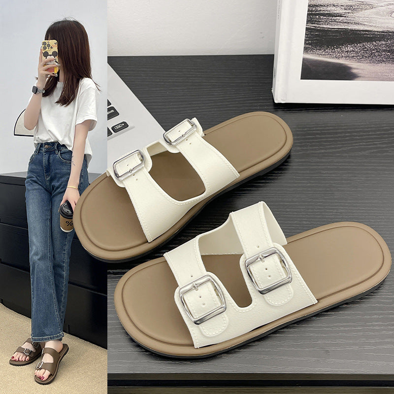 Cross-Border Slippers for Women Summer Flat-Soled Double-Strap Double-Buckle Slippers Southeast Asia New Foreign Trade Fashion Outer Wear Beach Sandals