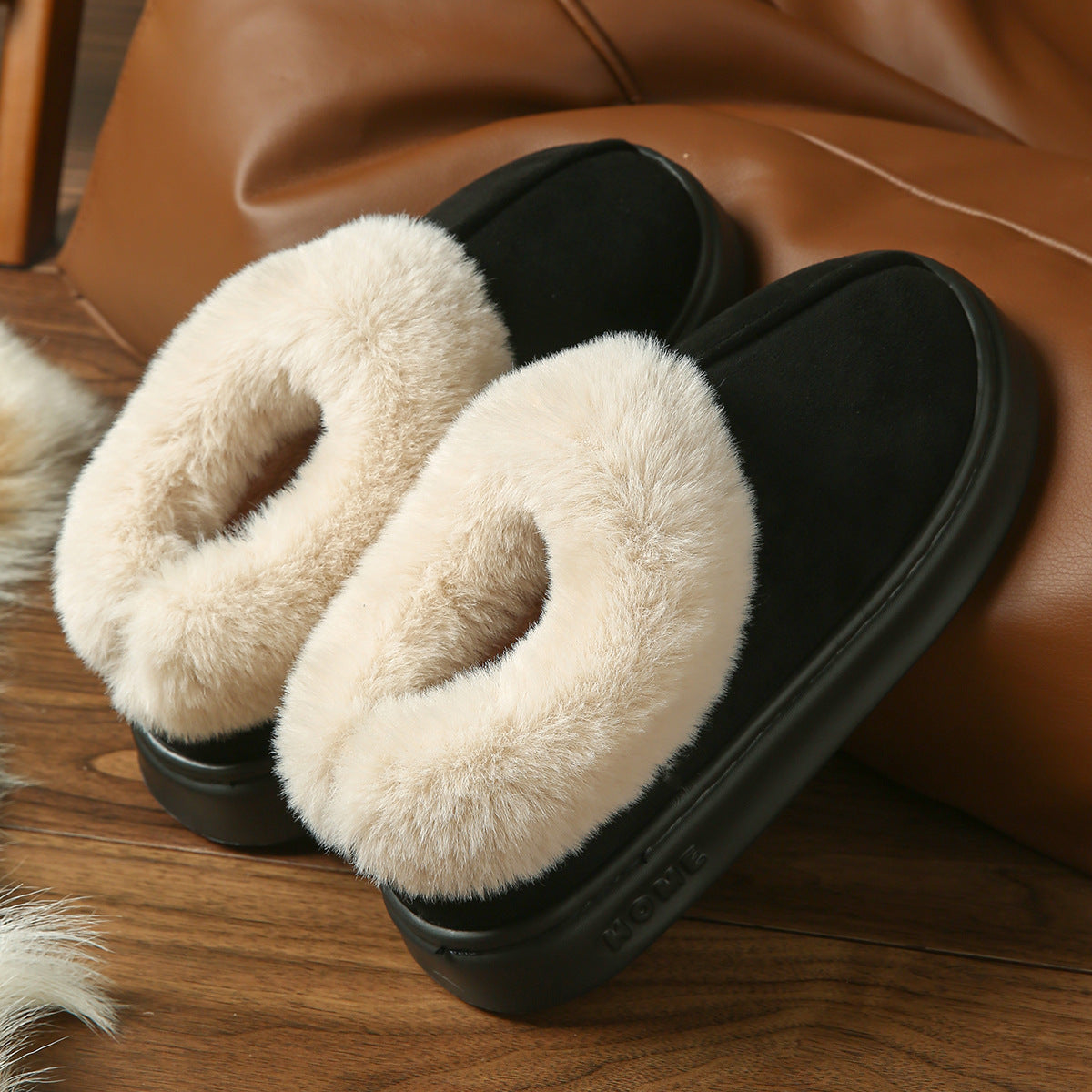2025 Cross-Border New Pure Color Suede Splicing Home Slippers Thick-Soled Non-Slip Plush Warm Couple Cotton Shoes for Women