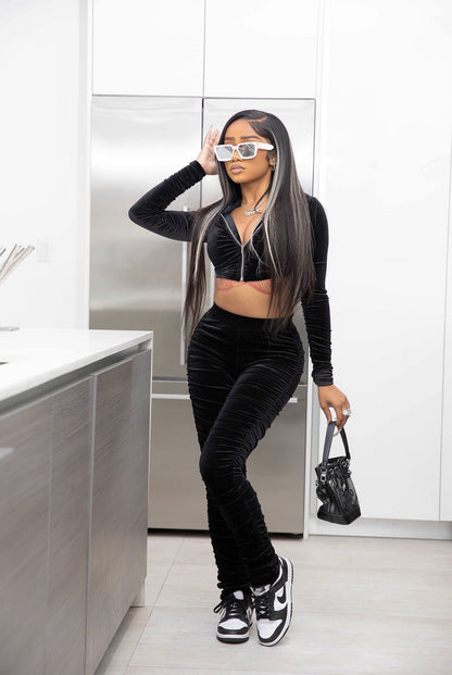 F185 European and American Women's Clothing Amazon Spring Two-piece Korean Velvet Solid Color Long Sleeve Navel Pleated Sports Suit
