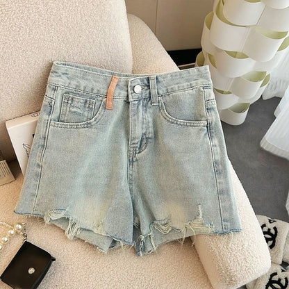 Summer 2023 New High Waist Slimming Design Sense Ripped Wide Leg Denim Shorts Women's Pants All-match Hot Pants